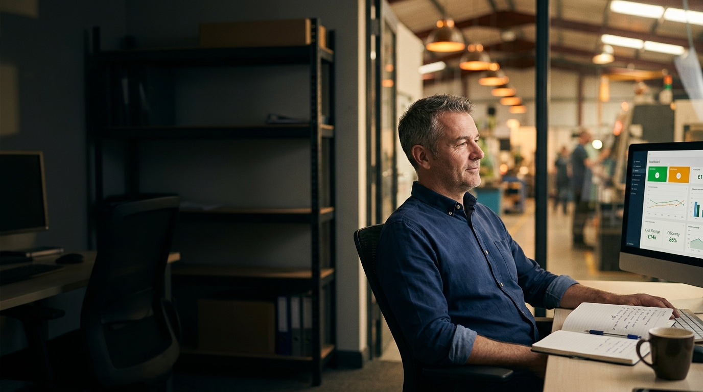 UK Operations Director looking relieved at a dashboard showing the results of Ai automation